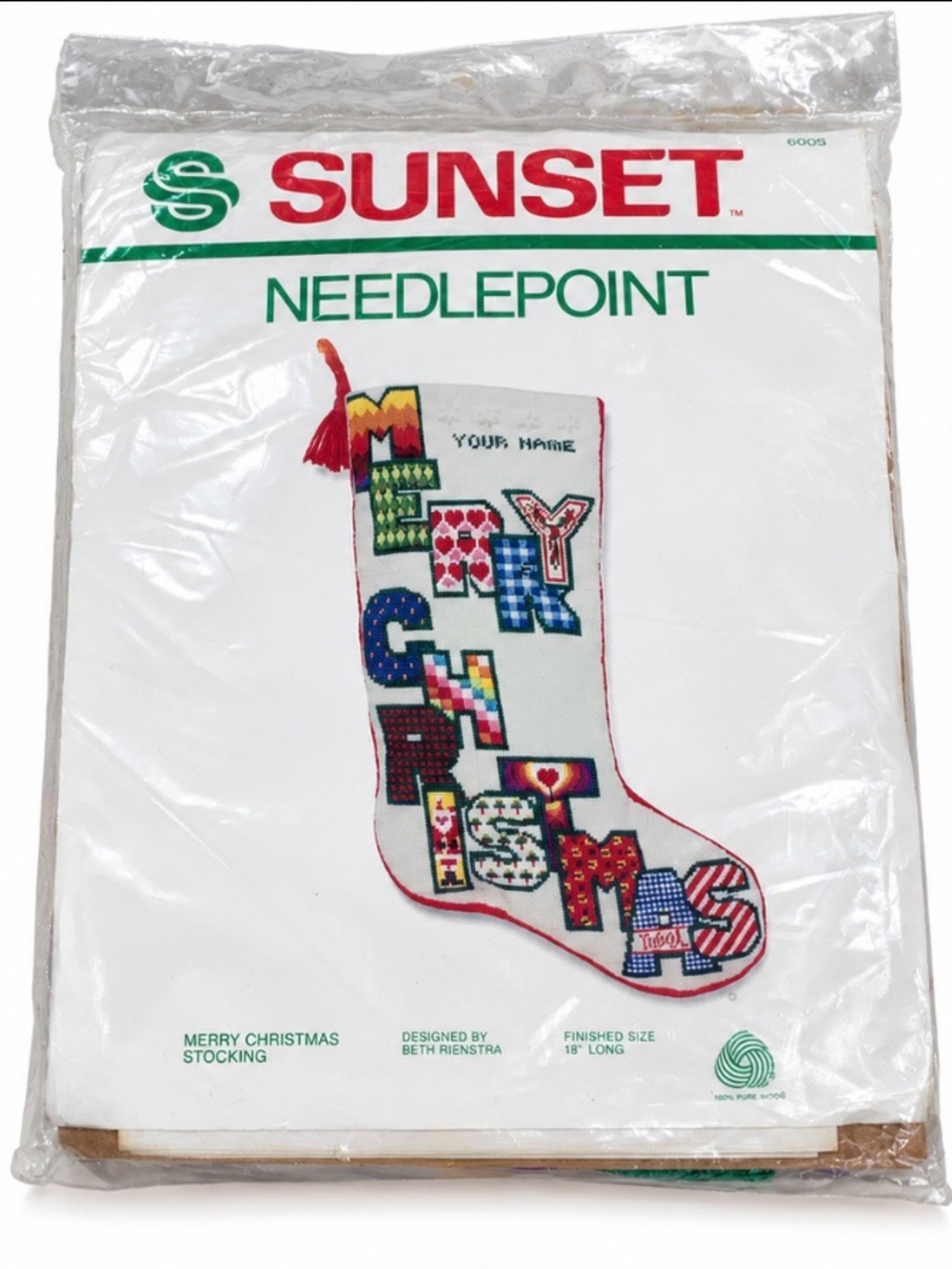 Vintage Sunset Needlepoint 6005 Merry Christmas Stocking Kit 18” Wool